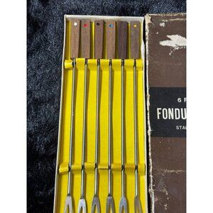 6 Piece Stainless Steel Fondue Forks With Wooden Handles In Original Box